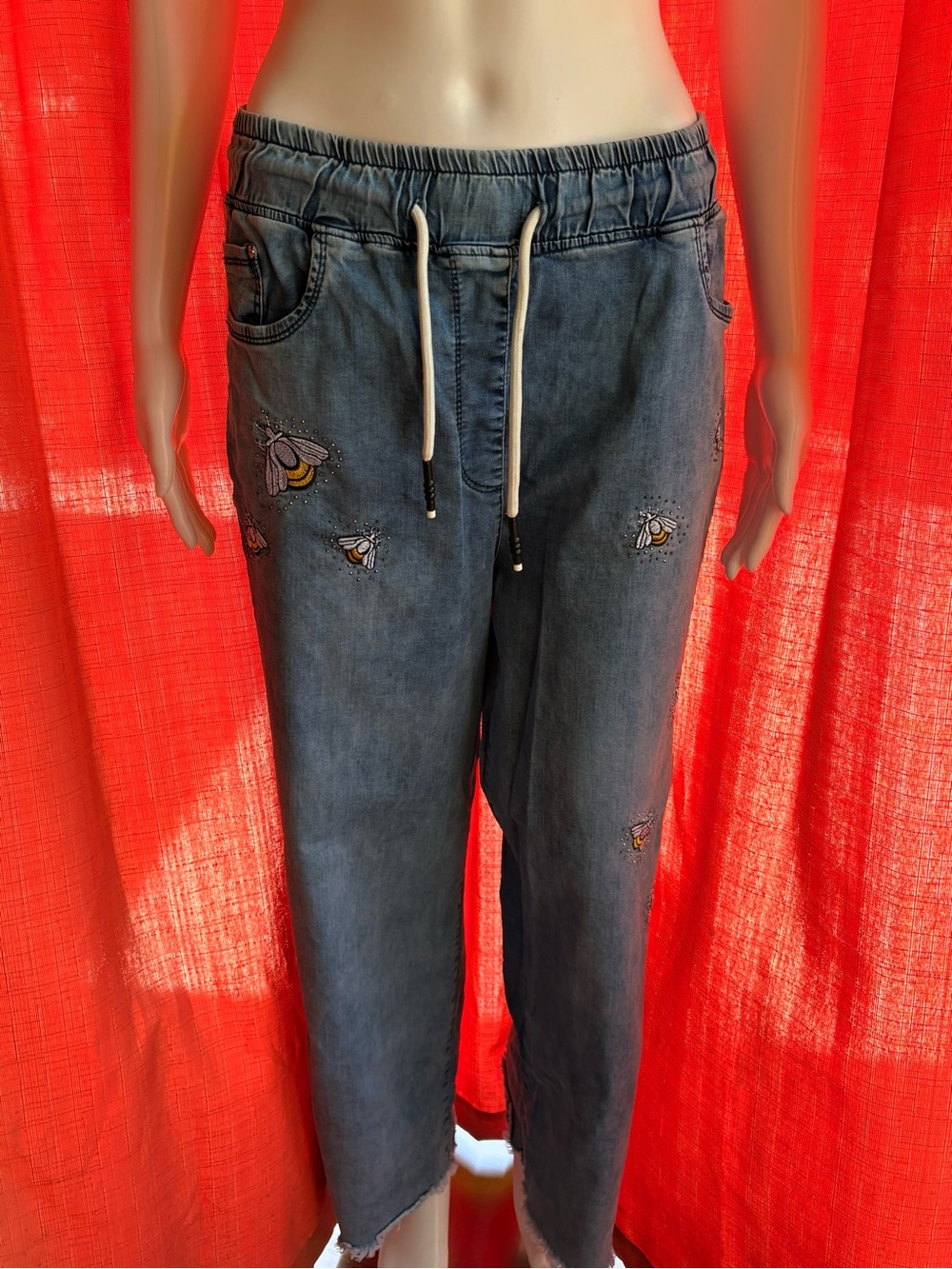 Women’s Blue Embroidered Bee Drawstring Jeans